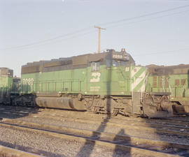 Burlington Northern diesel locomotive 7089 at Portland, Oregon in 1988.