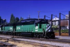 Burlington Northern 2714, Burlington Northern 2701 at Bellingham, Washington in 1985.