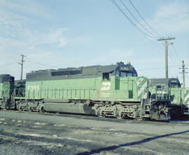 Burlington Northern diesel locomotive 6385 at Pasco, Washington in 1980.