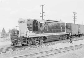 Northern Pacific diesel locomotive number 557 at Arlington, Washington, in 1952.