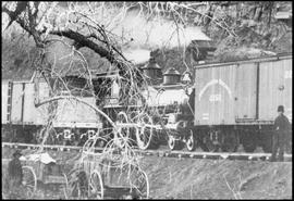 Northern Pacific steam locomotive cut into train, circa 1882.