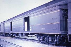 Northern Pacific baggage car 1543 in a yard in 1982.