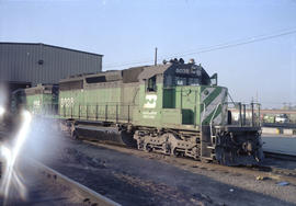 Burlington Northern diesel locomotive 8038 at Kansas City, Missouri in 1987.