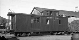 Pacific Coast Railway wood caboose number 2 in California, circa 1928.