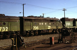 Burlington Northern Railroad Company diesel locomotive 706 at Portland, Oregon in 1978.