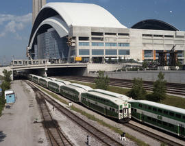 Toronto GO Transit commuter trains at Toronto, Ontario on July 05, 1990.