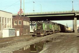 Burlington Northern Railroad diesel locomotive number 205 at Seattle, Washington, circa 1990.