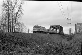 Amtrak diesel locomotive 216 at Stuck River Bridge, Washington on March 20, 1977.