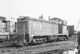 Burlington Northern diesel locomotive 512 at Clyde, Illinois in 1972.