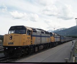 VIA Rail Canada passenger train 6448 at Jasper, Alberta on July 10, 1990.