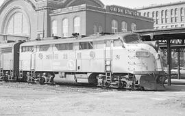 Burlington Northern diesel locomotive 9708 at Tacoma, Washington in 1971.