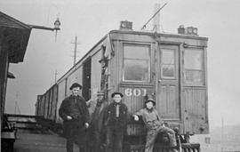 Puget Sound Electric Railway electric locomotive PSE 601 at a station in Washington, circa 1928.