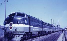 Northern Pacific F-9 diesel locomotive 6702C with the Mainstreeter at Fargo, North Dakota, in 1965.