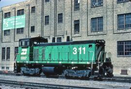 Burlington Northern diesel locomotive Number 311 at Fargo, North Dakota in 1981
