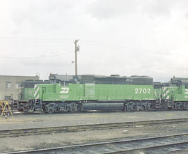 Burlington Northern diesel locomotive 2702 at Portland, Oregon in 1981.