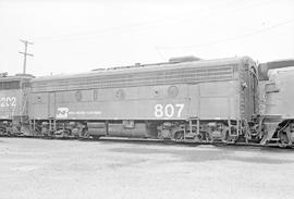 Burlington Northern diesel locomotive 807 at Portland, Oregon in 1976.