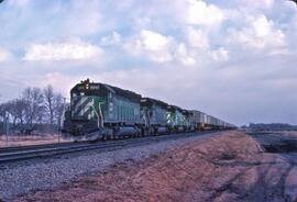 Burlington Northern Diesel Locomotives Number 6547, Number 6557 and Number 8147 in Dilworth, Minn...