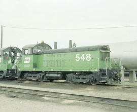 Burlington Northern diesel locomotive 548 at Tulsa, Oklahoma in 1982.