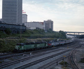 Amtrak passenger train number 14 arrives at Tacoma, Washington in October 1975.