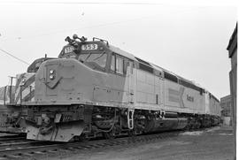 Amtrak diesel locomotive 553 at an unknown location on August 2, 1976.