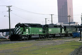 Burlington Northern Railroad Company diesel locomotive 7045 at Portland, Oregon in 1985.