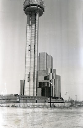 Amtrak passenger train passes Reunion Tower in Dallas, Texas on June 22, 1978.