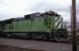 Burlington Northern Railroad Company diesel locomotive 5498 at Portland, Oregon in 1984.