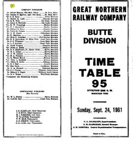 Great Northern Railway (GN) Butte Division Employee Timetable Number 95, September 24, 1961