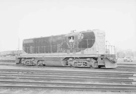 Northern Pacific diesel locomotive number 551 at Dilworth, Minnesota, in 1954.