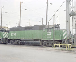 Burlington Northern diesel locomotive 2110 at Tulsa, Oklahoma in 1982.