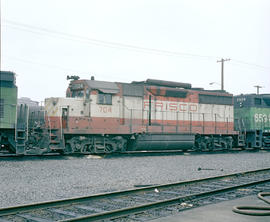 Burlington Northern diesel locomotive 704 at Portland, Oregon in 1979.