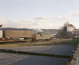 Burlington Northern caboose on train 112 at Tacoma, Washington in 1986.