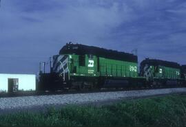 Burlington Northern 8142, Burlington Northern 7154 at Roberts Bank, British Columbia in 1990.