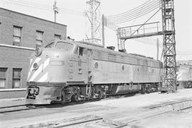 Burlington Northern diesel locomotive 9988 at Chicago, Illinois in 1972.