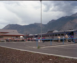 British Columbia Railway Company rail diesel cars at Lillooet, British Columbia in August 1990.