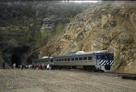 British Columbia Railway Company rail diesel car BC-11 at Pine Pass Tunnel, British Columbia on M...