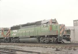 Burlington Northern diesel locomotive 3153 at Tacoma, Washington in 1986.