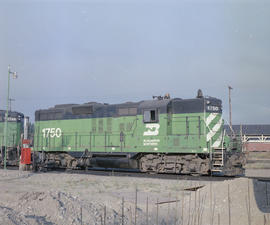 Burlington Northern diesel locomotive 1750 at Auburn, Washington in 1979.