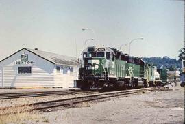Burlington Northern Railroad freight train at Renton, Washington, circa 1990.