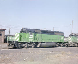 Burlington Northern diesel locomotive 8151 at Pasco, Washington in 1980.