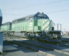 Burlington Northern diesel locomotive 6377 at Pasco, Washington in 1980.