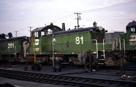 Burlington Northern Railroad Company diesel locomotive 81 at Portland, Oregon in 1978.