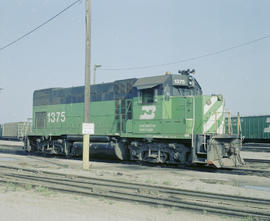 Burlington Northern diesel locomotive 1375 at Oklahoma City, Oklahoma in 1982.