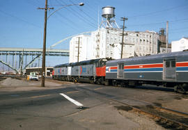 Amtrak diesel locomotive 571 at Portland, Oregon in 1975.