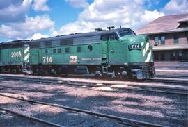 Burlington Northern diesel locomotives Number 714, Number 2005 at Staples, Minnesota in 1979