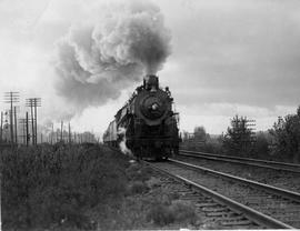 Northern Pacific steam locomotive number 2626 at Black River, Washington, circa 1933.