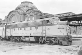 Burlington Northern diesel locomotive 9758 at Tacoma, Washington in 1971.