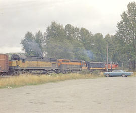 Burlington Northern diesel locomotive 4250 at Reservation, Washington in 1971.