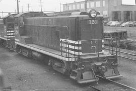 Northern Pacific diesel locomotive number 120 at Auburn, Washington, circa 1949.