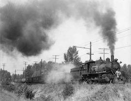 Pacific Coast Railroad freight train at Maple Valley, Washington in 1942.